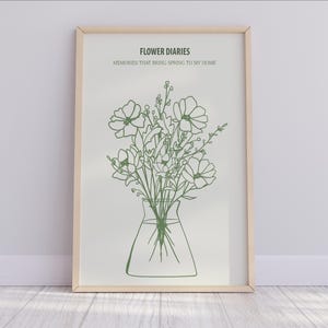 Póster de jarrón de moda con estampado floral verde, estampado de jarrón de rayas retro, estampado de flores dibujadas a mano, póster de ramo de decoración minimalista y moderna para sala de estar