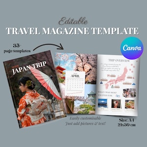 Può includere: Modello di rivista di viaggio con il titolo "JAPAN TRIP" e il testo "Editable TRAVEL MAGAZINE TEMPLATE". La rivista include 35 modelli di pagina ed è facilmente personalizzabile. La dimensione è A4, 21x30 cm.