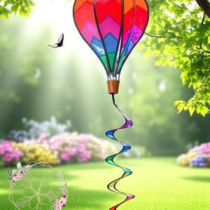 May include: A colorful hot air balloon wind spinner with a rainbow design. The balloon features red, orange, yellow, green, blue, and purple panels. A spiral tail hangs below, and a butterfly flies nearby. The wind spinner is hanging from a tree branch.