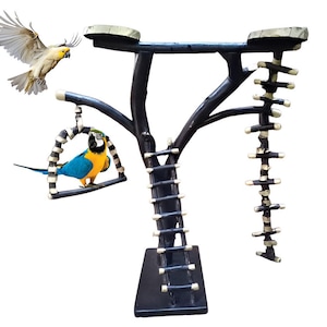 Handmade Wooden Parrot Play Stand, Large Bird Activity Tree with Ladder and Swing, Macaw and Cockatoo Perch, Easy to Assemble Wood Bird Gym
