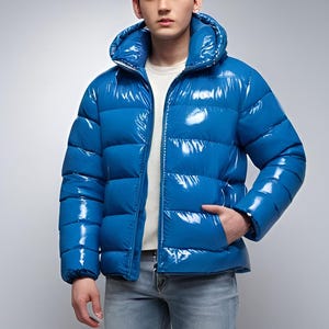 Glossy Blue Puffer Jacket for Men – Shiny Zip-Up Quilted Coat, Lightweight Streetwear Outerwear, Stylish Gift for Him