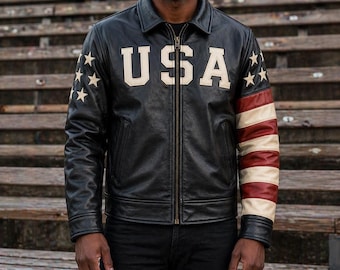 Handgemaakte leren motorjas voor heren: motorjas Amerikaanse vlag