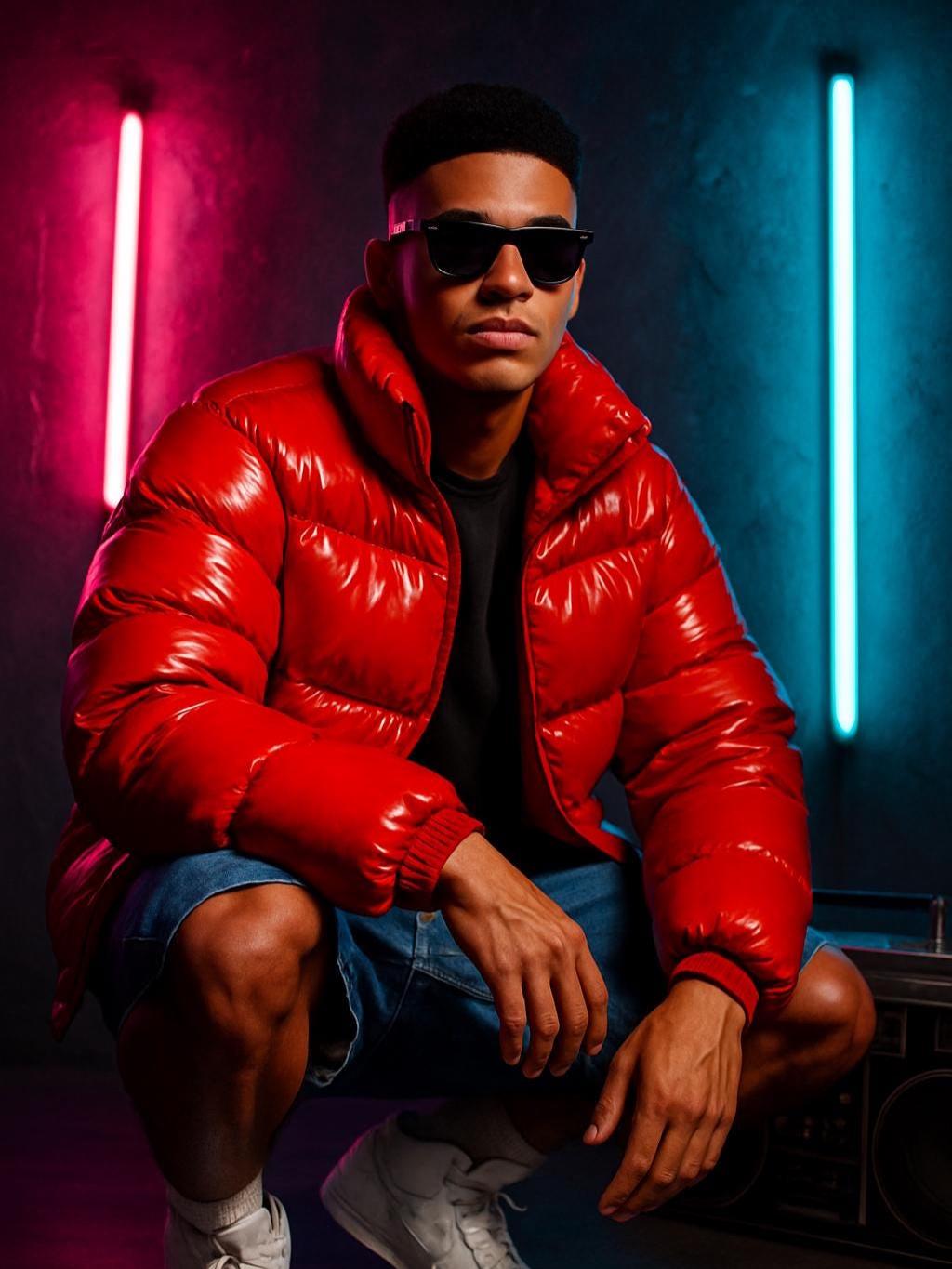 Men's Red Glossy Puffer Jacket, Oversized Streetwear Winter