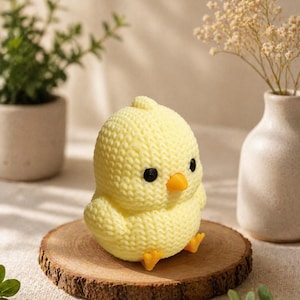 May include: A yellow knitted chick figurine with black eyes and an orange beak and feet. The chick is sitting on a round wooden slice. Decorative items, including a small plant and a vase with dried flowers, are in the background.