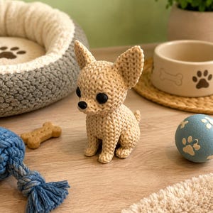 Peut inclure: Une petite figurine de chihuahua crochetée en beige avec de grands yeux ronds et sombres et un nez noir. La figurine est réalisée avec un motif de points texturé rappelant le fil, avec des oreilles pointues dressées et une posture assise.