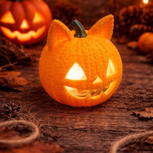 Könnte beinhalten: Ein leuchtender orangefarbener Kürbis mit Katzenohren und einem geschnitzten Gesicht steht auf einer Holzoberfläche. Ein weiterer Kürbis befindet sich im Hintergrund, mit Lichterketten und Herbstblättern. Eine Halloween-Dekoration.