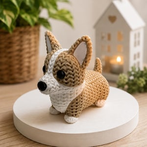Puede incluir: Una pequeña figura de corgi hecha a mano con bandas elásticas de color tostado y blanco. El perro tiene grandes ojos de plástico negro, una nariz negra y orejas puntiagudas con detalles blancos en el interior. Se apoya sobre cuatro patas cortas.