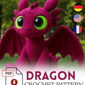 Puede incluir: Un dragón de ganchillo magenta con grandes ojos con bordes verdes y alas. La imagen incluye el texto "DRAGON CROCHET PATTERN" y un icono PDF.