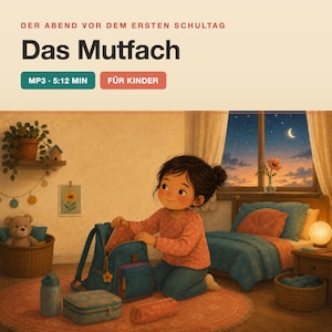 Può includere: Un file audio digitale intitolato Der Abend vor dem ersten Schultag Das Mutfach MP3 5:12 min für Kinder con un'illustrazione di un bambino che prepara uno zaino blu in una camera da letto con un letto, un orsacchiotto e una finestra notturna.