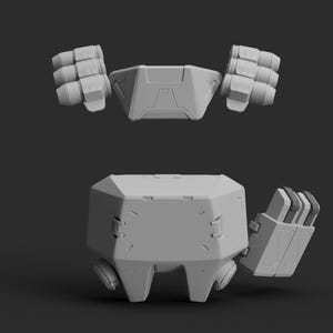 May include: A gray, 3D-printed robotic arm and torso set. The set includes a central torso piece, two detached fists, and a connected arm. The design features geometric shapes and mechanical details, suggesting a futuristic aesthetic.