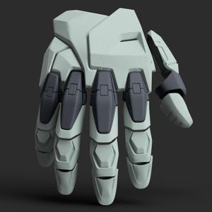 Puede incluir: Una mano robótica de color gris claro y gris oscuro. La mano está articulada y tiene cinco dedos.