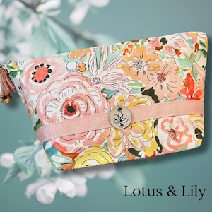 Floral Cotton Zipper Pouch: Handmade Boxy Travel Bag