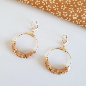 Heishi pearl hoop earrings, fine gold-plated earrings, camel beige color