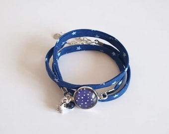 EN STOCK, expédié sous 1 jour ouvré, Bracelet cabochon verre, bracelet cabochon étoilé, bracelet trois tours, bracelet avec étoile argentée