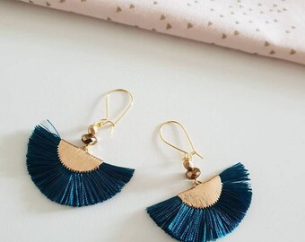 Boucles d'oreilles Pompon - bleu pétrole et doré