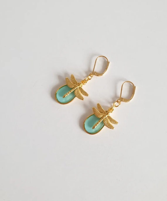Gold Dragonfly and Water Green Stained Glass Drop Earrings, Gold