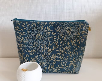 Coated toiletry bag with foliage, petrol blue and gold, large pouch