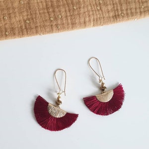 Pompon earrings - fan tassel, shades of burgundy red and gold