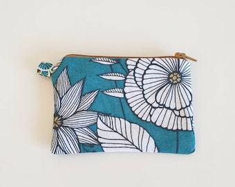 Pochette , Mini pochette en coton à fleurs , pochette bleu et doré, porte-monnaie à fleurs