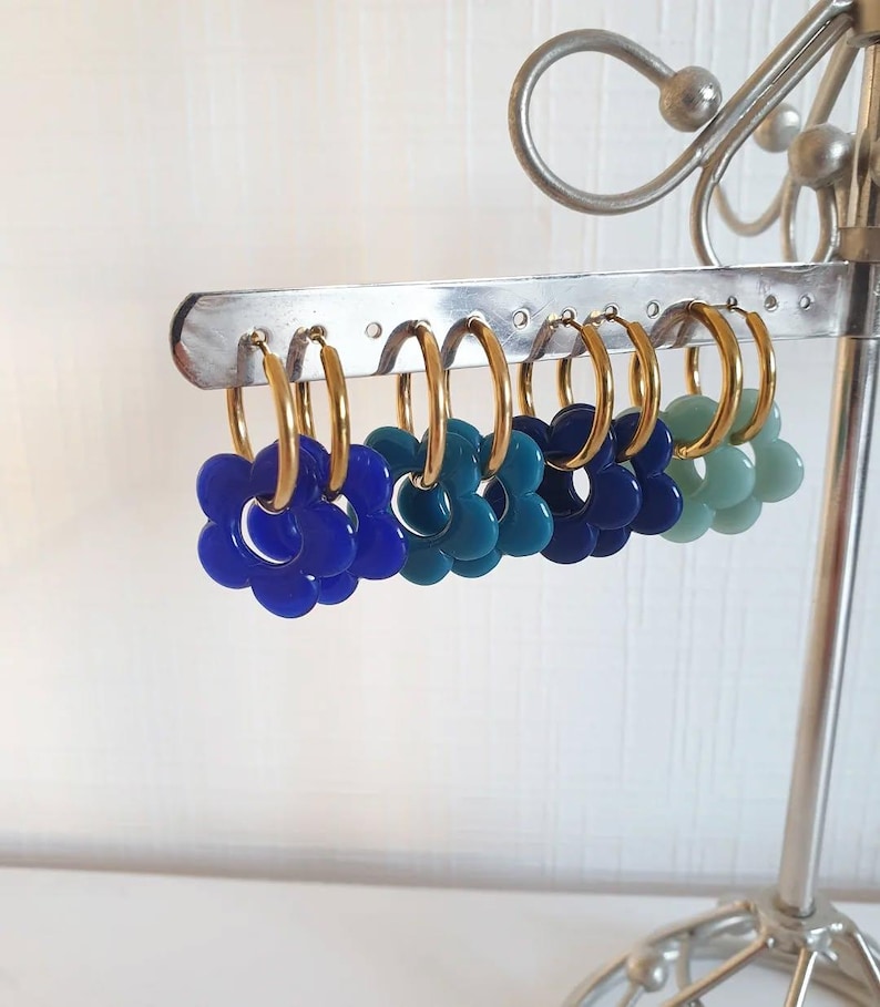 Boucles D'oreilles Créoles Perles Bleu Marine – Sans Emballage, Jamais Portées