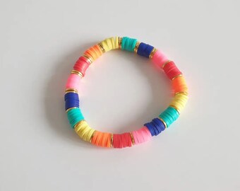 EN STOCK, expédié sous 1 jour ouvré, Bracelet multicolore en perles heishi et dorées à l'or fin