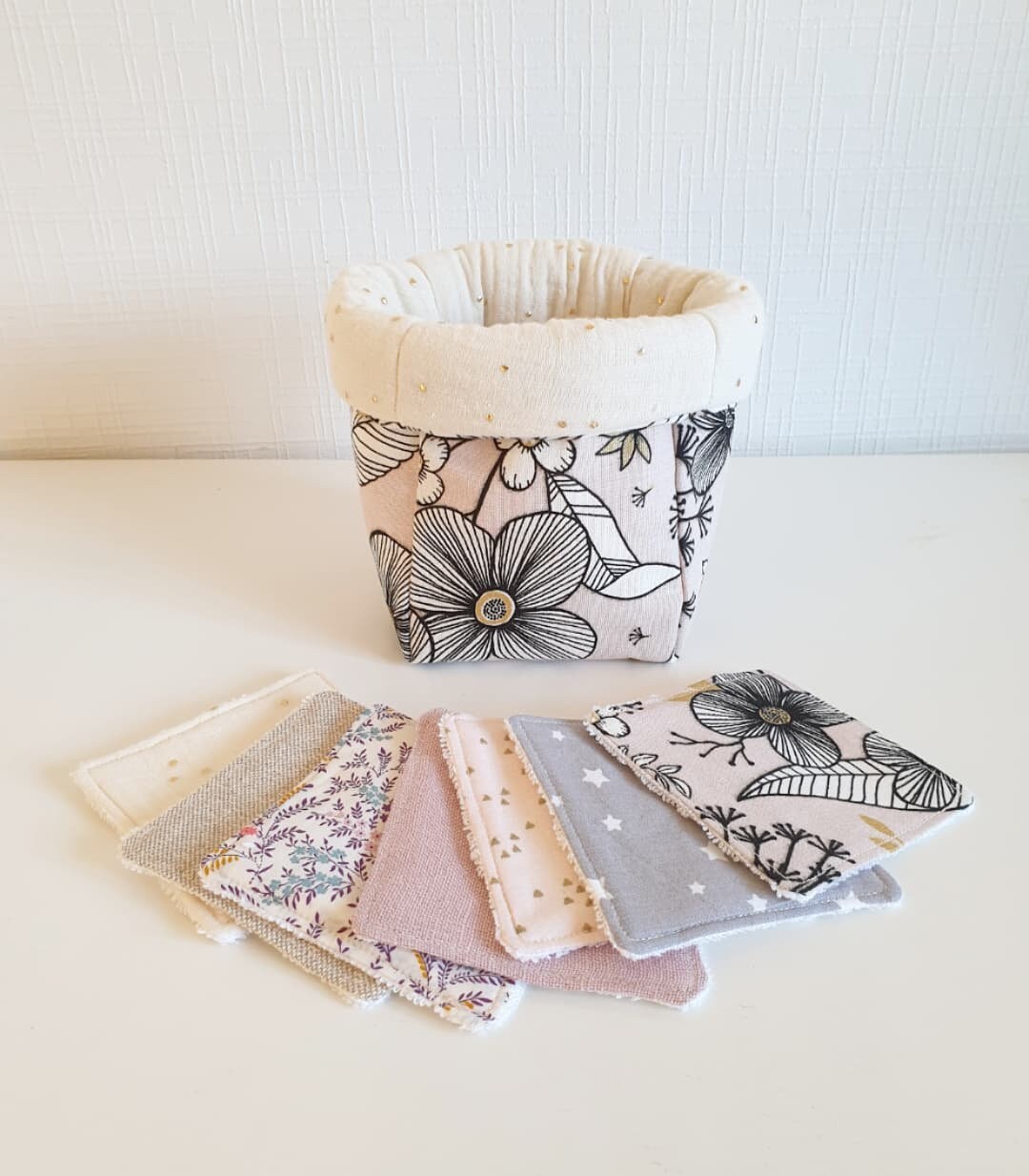 Petite Panière Carrée en Coton à Fleurs et Double Gaze Pois Dorés - Tons de Rose Doré Lingettes Lava