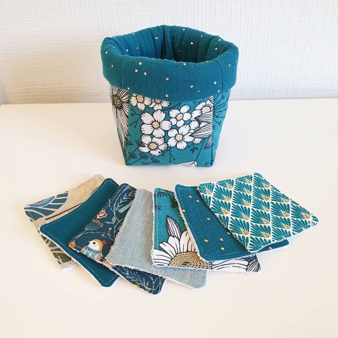 Petite Panière Carrée en Coton à Fleurs et Double Gaze Pois Dorés - Tons de Bleu Doré Lingettes Lava