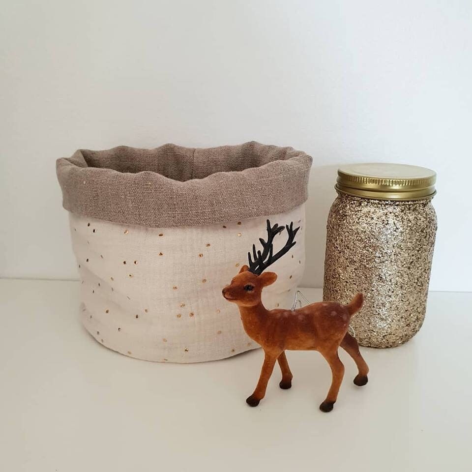 Panière Écrue en Gaze de Coton à Pois Dorés