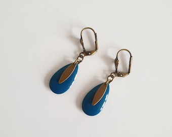 Boucles d'oreilles gouttes bleu canard et laiton