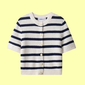 Womens Cardigan Striped Short Sleeve Cardigan White and Blue Summer
