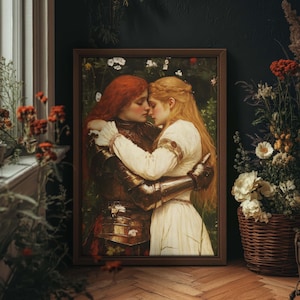 May include: A framed painting of two people embracing in a forest setting. The woman on the left is wearing armor and the woman on the right is wearing a white dress. The painting is set against a backdrop of green foliage and flowers.