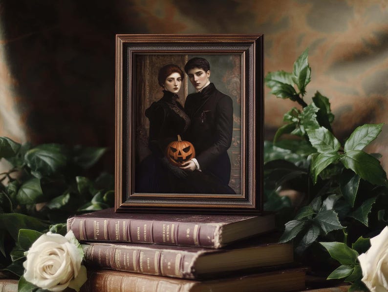 May include: A framed portrait of a couple in dark attire, one holding a carved pumpkin, rests on antique books. The portrait has a dark wooden frame. White roses and green foliage surround the books, creating a gothic, Halloween theme.
