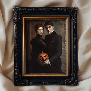 a vintage style painting of a lesbian couple holding a jack-o-lantern pumpkin, victorian era, moody and elegant