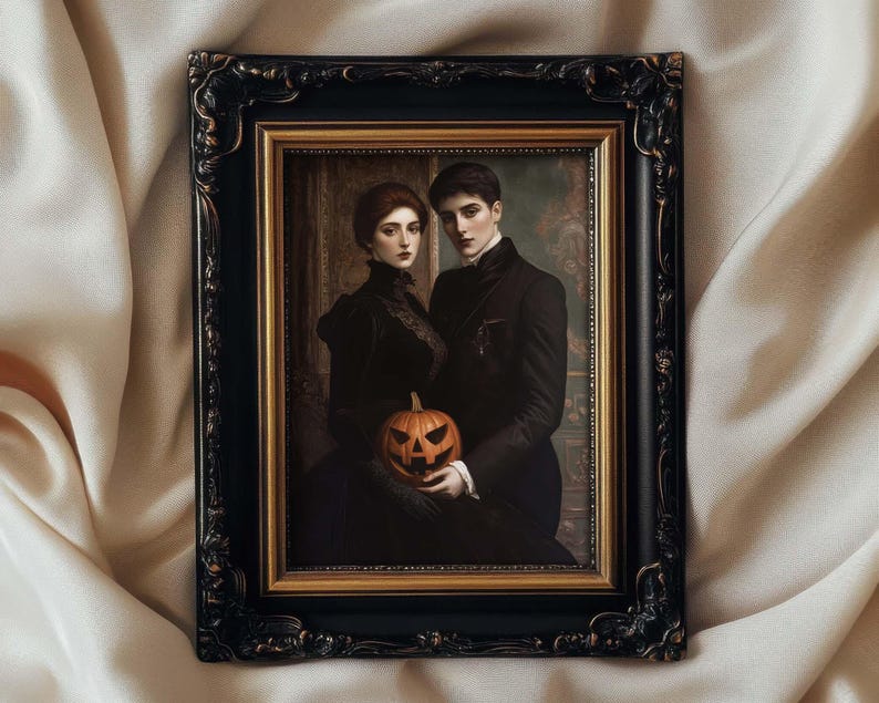 a vintage style painting of a lesbian couple holding a jack-o-lantern pumpkin, victorian era, moody and elegant