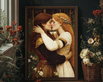 May include: A framed artwork depicts two women embracing and kissing. The women have long red and blonde hair and are wearing medieval-style dresses. The artwork is in a dark wooden frame and is displayed on a wooden floor.