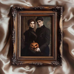 May include: A framed portrait featuring a couple in Victorian attire, holding a carved jack-o'-lantern. The ornate, gold-toned frame surrounds the painting, which has a vintage aesthetic. The couple is dressed in black, with the woman wearing a high-collared dress.
