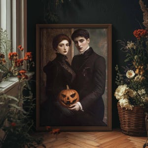 May include: A framed portrait of a couple in Victorian attire, holding a carved jack-o'-lantern. The artwork is set against a dark background, with floral arrangements and a wooden floor in the foreground, creating a gothic Halloween theme.