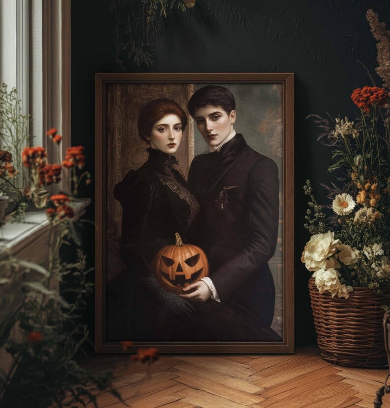 May include: A framed portrait of a couple in Victorian attire, holding a carved jack-o'-lantern. The artwork is set against a dark background, with floral arrangements and a wooden floor in the foreground, creating a gothic Halloween theme.