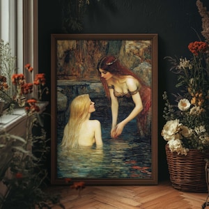 May include: A painting of two women in a forest setting. One woman is standing in a pool of water, while the other woman is standing on a rock above the pool. The woman in the water has long blonde hair and is wearing a white dress. The woman on the rock has long dark hair and is wearing a red dress.