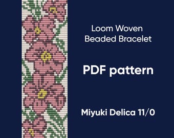 Bracelet pattern, Bead loom pattern, Delica bracelet, Loom woven bracelet, Pink flowers bracelet, Downloadable, PDF