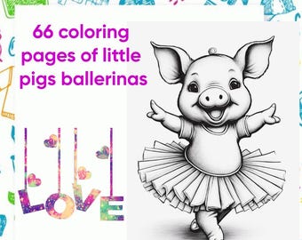 66 páginas para colorear de cerditos, bailarinas y bailarines. Libro para colorear de animales para niños pequeños. Dibujos de cerdos para niños. Dibujos de animales. Descarga e imprime.