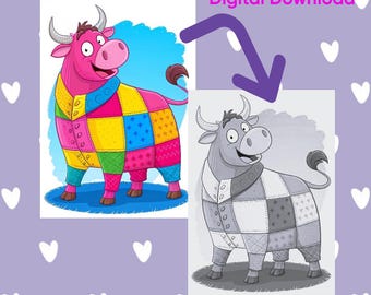 Pinta el tuyo, Descargable, Lienzo predibujado, Lienzo imprimible, Digital, Dibujo de contorno, Kit de pintura, Dibujo divertido de un toro, Fiesta de pintura