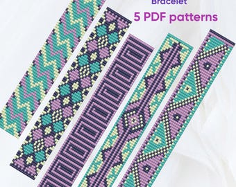 5 patrones de pulseras, patrones para telar de cuentas, pulseras tejidas en telar, descargables, PDF