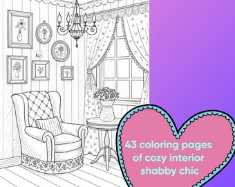 43 páginas para colorear de acogedores interiores shabby chic, Pinta las tuyas, Libro para colorear de interiores, Lindo dibujo de interiores, Descarga, Imprimible