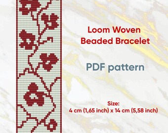 Patrón de pulsera, Patrón de telar de cuentas, Pulsera Delica, Pulsera tejida en telar, Pulsera de flores rojas, Descargable, PDF