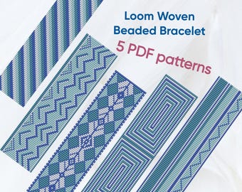 Patrón de pulsera, Patrón de telar de cuentas, Pulsera Delica, Pulsera tejida en telar, 5 patrones, Descargable, PDF