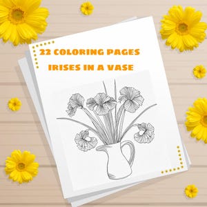 22 coloring pages irises in a vase, Paint your own, Floral painting, Adults coloring pages, Digital download, Printable