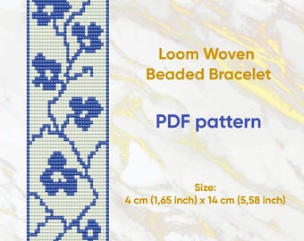 Patrón de pulsera, Patrón de telar de cuentas, Pulsera Delica, Pulsera tejida en telar, Pulsera con flores, Descargable, PDF