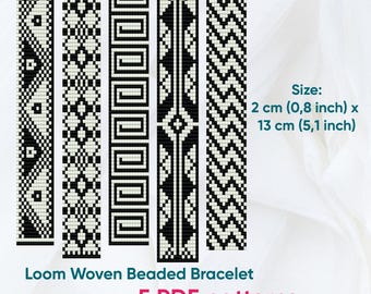 Patrón para pulsera, Patrón para telar de cuentas, Pulsera tejida en telar, 5 pulseras blancas y negras, Descargable, PDF
