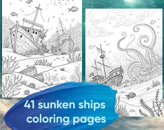 Libro para colorear de barcos hundidos, Dibujo de barcos, Páginas para colorear del mundo submarino, Pinta las tuyas, Libro para colorear del océano, Descargar, Imprimible